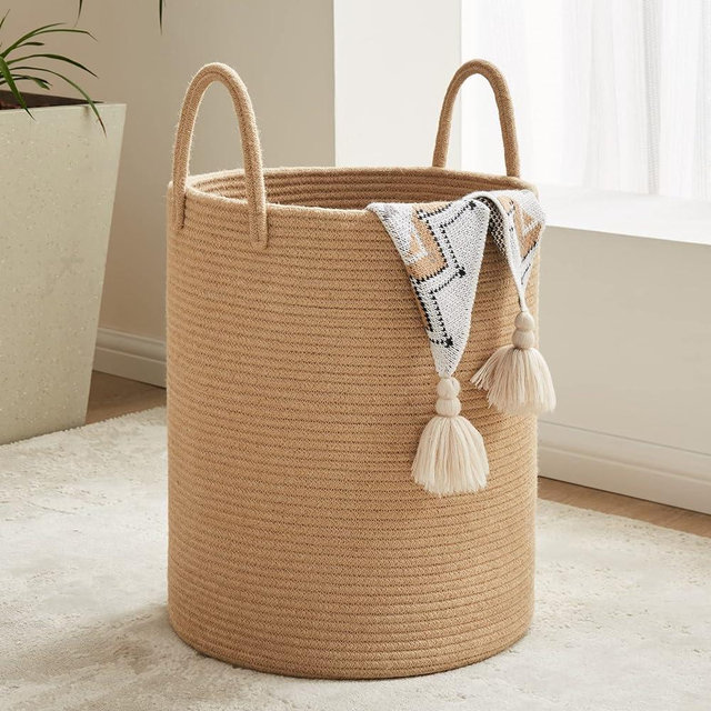 72L Large Woven Laundry Hamper by Fiona's magic, Tall Cotton Rope Storage Basket, Jute Baby Nursery Hamper for Blankets, Toys and Clothes in Bedroom and Living Room Organizing, Jute
