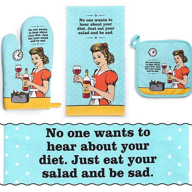 Funny Oven Mitt, Potholder, and Tea Towel Set - Perfect Housewarming Gift