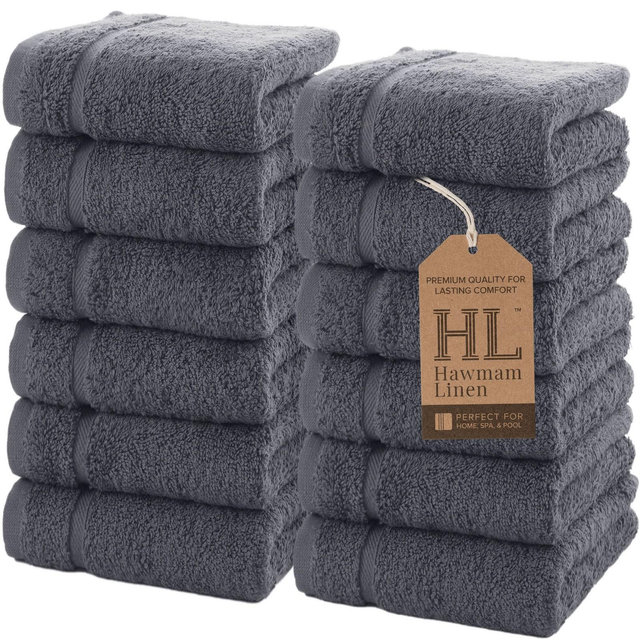 Hawmam Linen Luxury Cotton Washcloths 13x13 Inch - Large Hotel Spa Bathroom Face Towel | 12 Pack | Grey