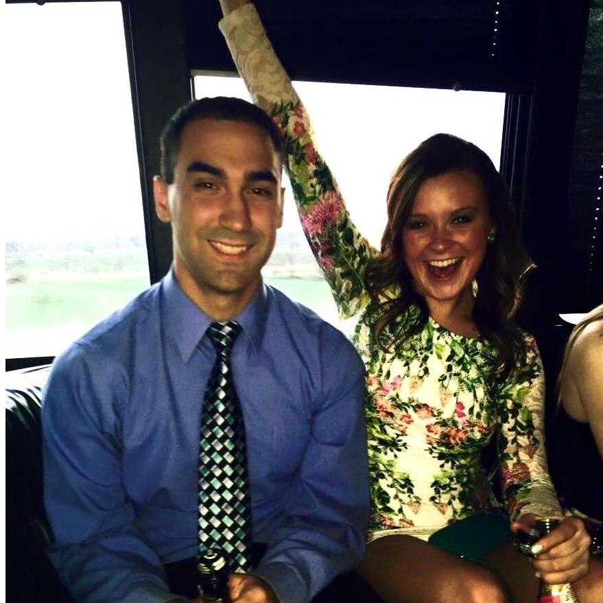 Austin and Tony on the party bus to Austin's sorority's formal