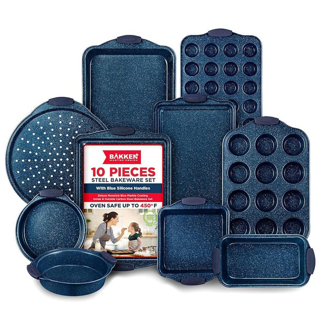 BAKKEN Kitchen Baking Pan Set - Nonstick Coating, Carbon Steel Bakeware Sets with Blue Silicone Handles, Baking Kitchen Essentials, PFOA, PFOS, PTFE Free, Oven Safe Tray (Up To 450° F), Set of 10