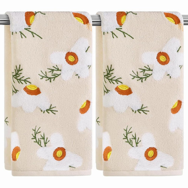 Quera 2 Pack Hand Towels Spring Summer Beige Embroidered Flower Daisy Farmhouse Boho Cotton Bathroom Decorative Towels Set for Bath Kitchen Home Decor Gifts, 13.7'' x 29.5''