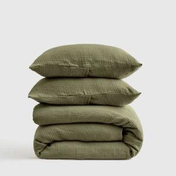 Organic Airy Gauze Duvet Cover Set | Quince - Olive, Full/Queen