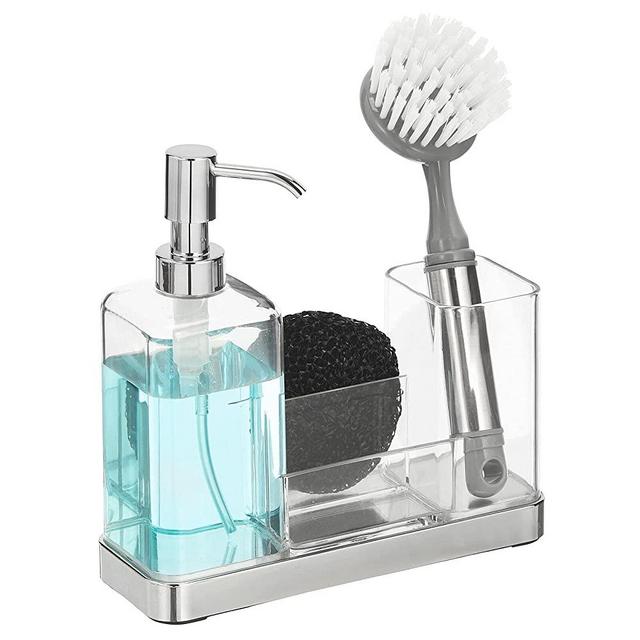 mDesign Modern Plastic Kitchen Sink Countertop Liquid Dish Soap Dispenser Pump Bottle Caddy with Storage Compartments - Holds and Stores Sponges, Scrubbers and Brushes - Clear/Chrome