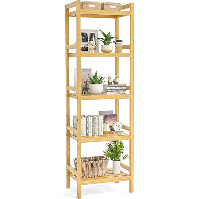 Homykic Narrow Bookshelf Bamboo, 5-Tier Adjustable Book Shelf Bookcase Bathroom Shelves Freestanding Tower Storage Stand Unit for Living Room, Bedroom, Kitchen, Easy Assembly, Natural