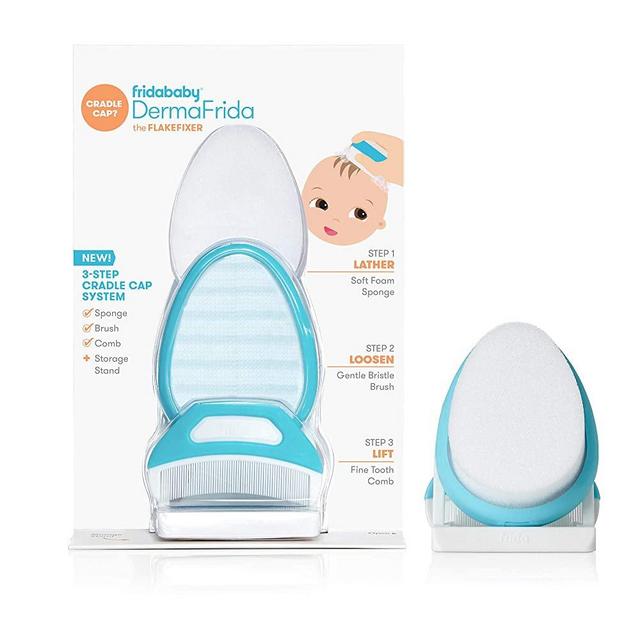 The 3-Step Cradle Cap System by Fridababy | DermaFrida The FlakeFixer | Sponge, Brush, Comb and Storage Stand for Babies with Cradle Cap