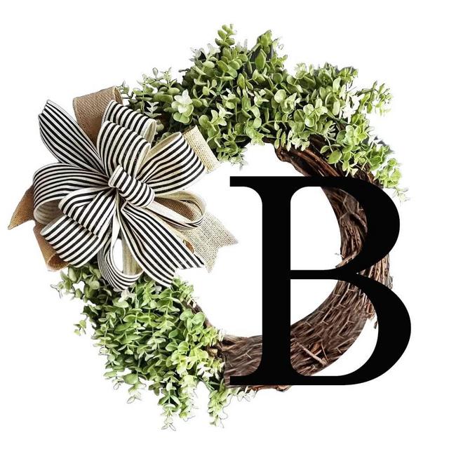 Monogram Initial Letter Wreaths for Front Door with Striped Linen Bow & Fake Green Grass on Grapevine Base Farmhouse Style Rustic Door Decor Spring Summer Green Wreath, B