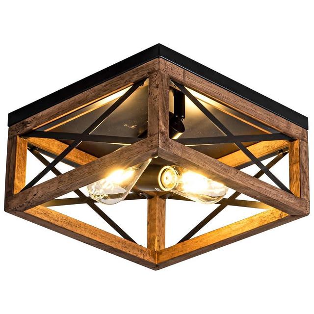 Rpzloila Flush Mount Ceiling Light Fixture for Kitchen Hallway, 2-Light Close to Ceiling Light with Black Metal and Wood Design, Rustic Farmhouse Ceiling (Bulb not Included)