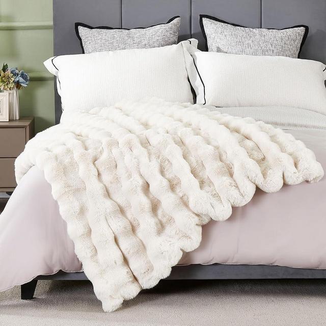 DREAMNINE Oversized Soft Thick Fuzzy Faux Rabbit Fur Throw Blanket Twin Size 60" x 71", Double Sided Comfy Plush Warm Shaggy Fluffy Blanket,Luxury Cozy Cute Furry Blanket for Bed Couch Pet,Cream White