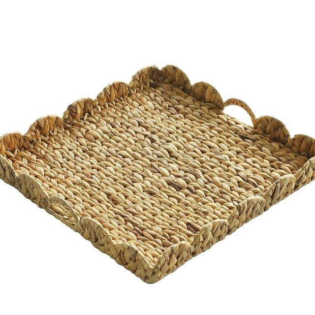 Extra Large Square Ottoman Table Tray 19.7" with Handles - Water Hyacinth Wicker Serving Wicker Tray for Farmhouse Decorative Oversized Coffee Table Living Room Kitchen Counter Breakfast Scalloped