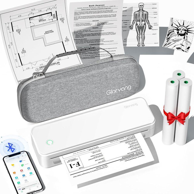 Gloryang Inkless Portable Printer for Travel, Wireless Thermal Printer Supports 8.5 x 11 Inch US Letter Size, Bluetooth Machine Includes Carry Case and 3 Rolls of Thermal Paper Kit, White
