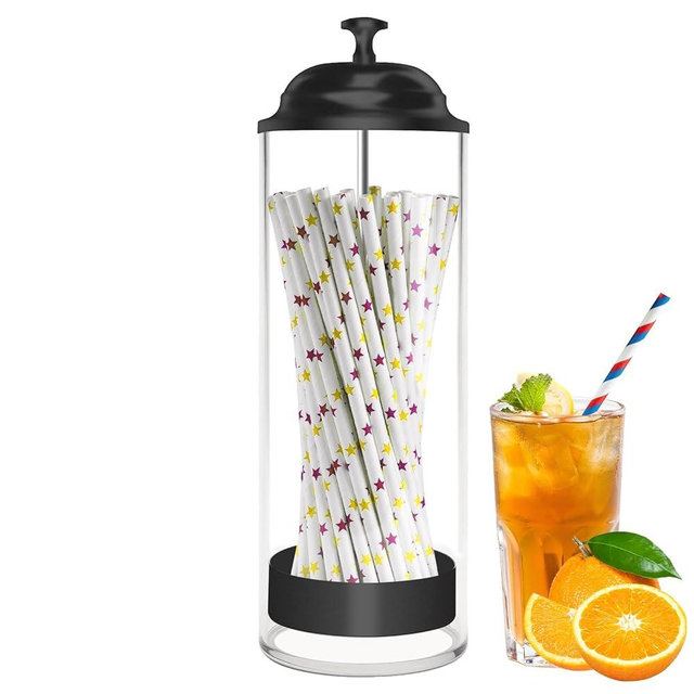 Mevtok Straw Holder for Standard Size Drinking Straws, Acrylic Plastic Straw Dispenser for Counter with Lid Black(Straws Not Include)