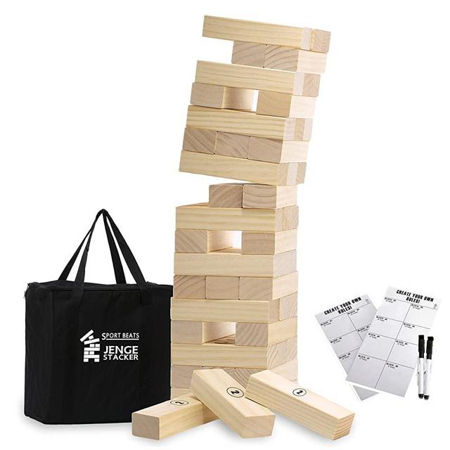 Medium Jenge Stacker Tumble Tower Game Wooden Stacking Games Lawn Outdoor Games for Adults and Family - Includes Rules and Carry Bag-54 Medium Blocks