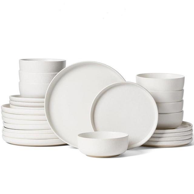 Famiware Milkyway Plates and Bowls Sets, 24 Pieces Dinnerware Sets, Reactive Glaze Dish Set, Stoneware Dishes Set for 8, Matte White