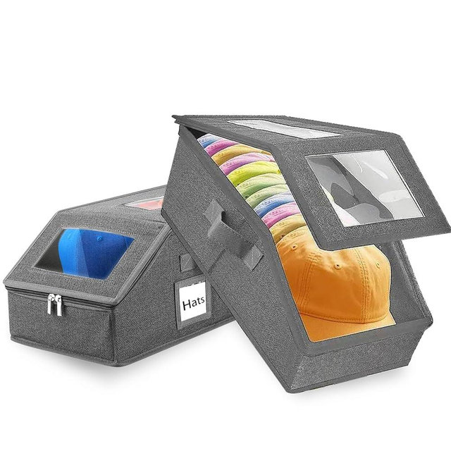 WUUOOD Hat Organizer for Baseball Caps,2PCS Stackable Hat Storage Box with Clear Window Lid, Space-Saving Box for Closet