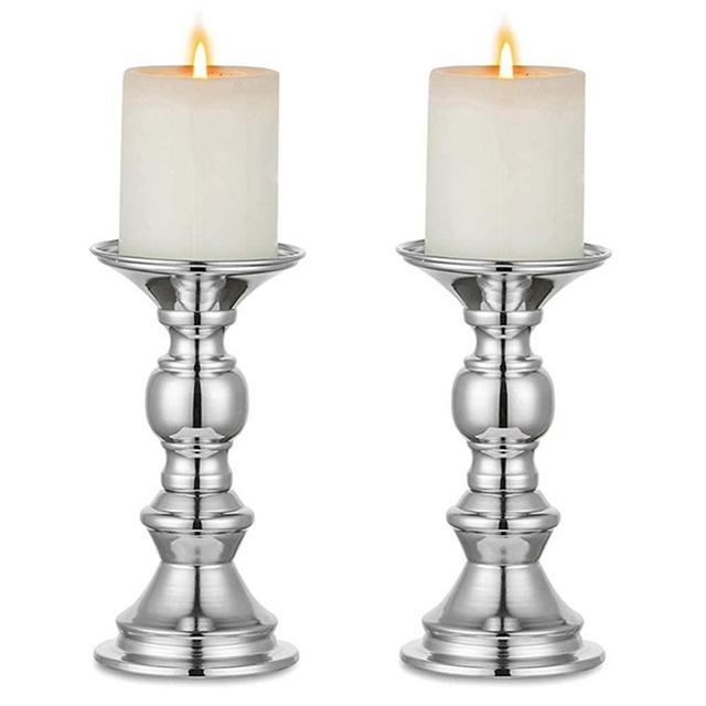 Nuptio Silver Candle Holders Pillar, Silver Candle Holder Wedding Centerpieces Metal Candle Holder Silver for 2 in Candles Stand Decoration Ideal for Weddings Events Parties Living Room, 2 Pcs