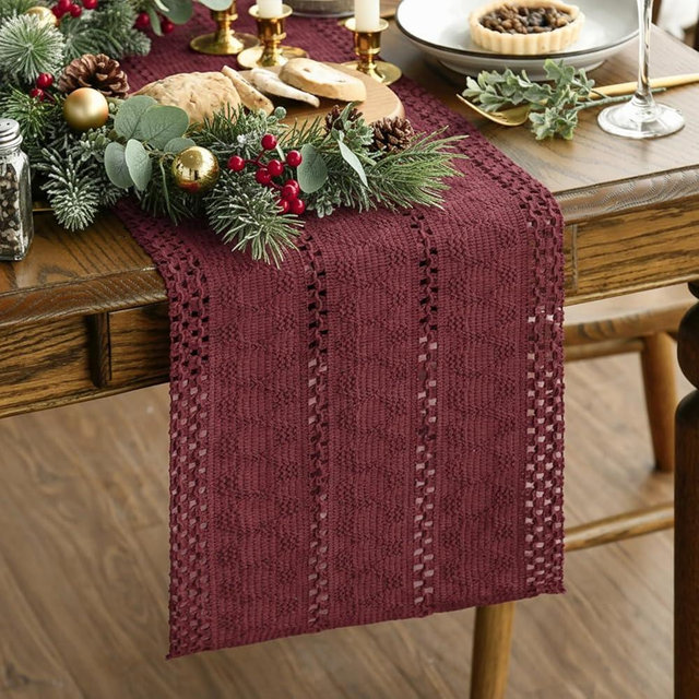 Artoid Mode Red Farmhouse Woven Rustic Hollow Table Runner, Seasonal Holiday Hollow Kitchen Dining Table Decoration for Home Party Decor 12x72 Inch