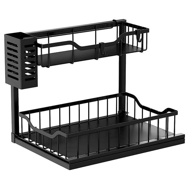 YIWANFW Under Sink Organizer, 2-Tier Metal Put Out Under Kitchen Sink Organizers and Storage, Upgraded Pull Out Cabinet Organizer, L-Shaped Sliding Shelf Cabinet Organizer for Bathroom, Gifts for Mom