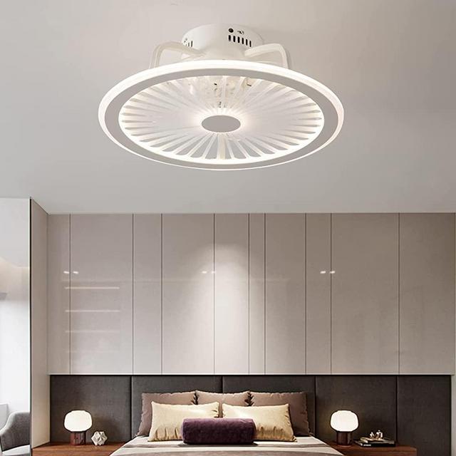 CHANFOK Low Profile Ceiling Fan with Lights, Modern Indoor Flush Mount Ceiling Fan with Remote Control LED Dimming Multi-Speed Invisible Blades Timing 19" White