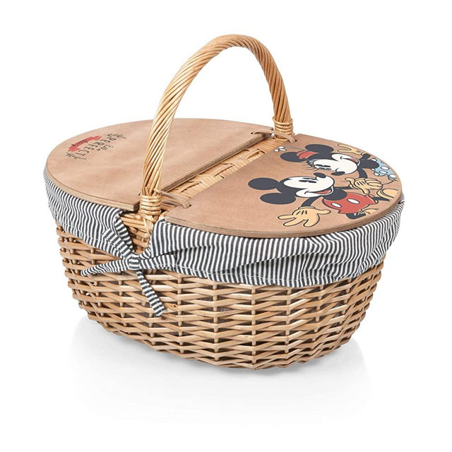 PICNIC TIME Disney Classics Mickey and Minnie Mouse Country Basket with Liner, Navy/White Stripe
