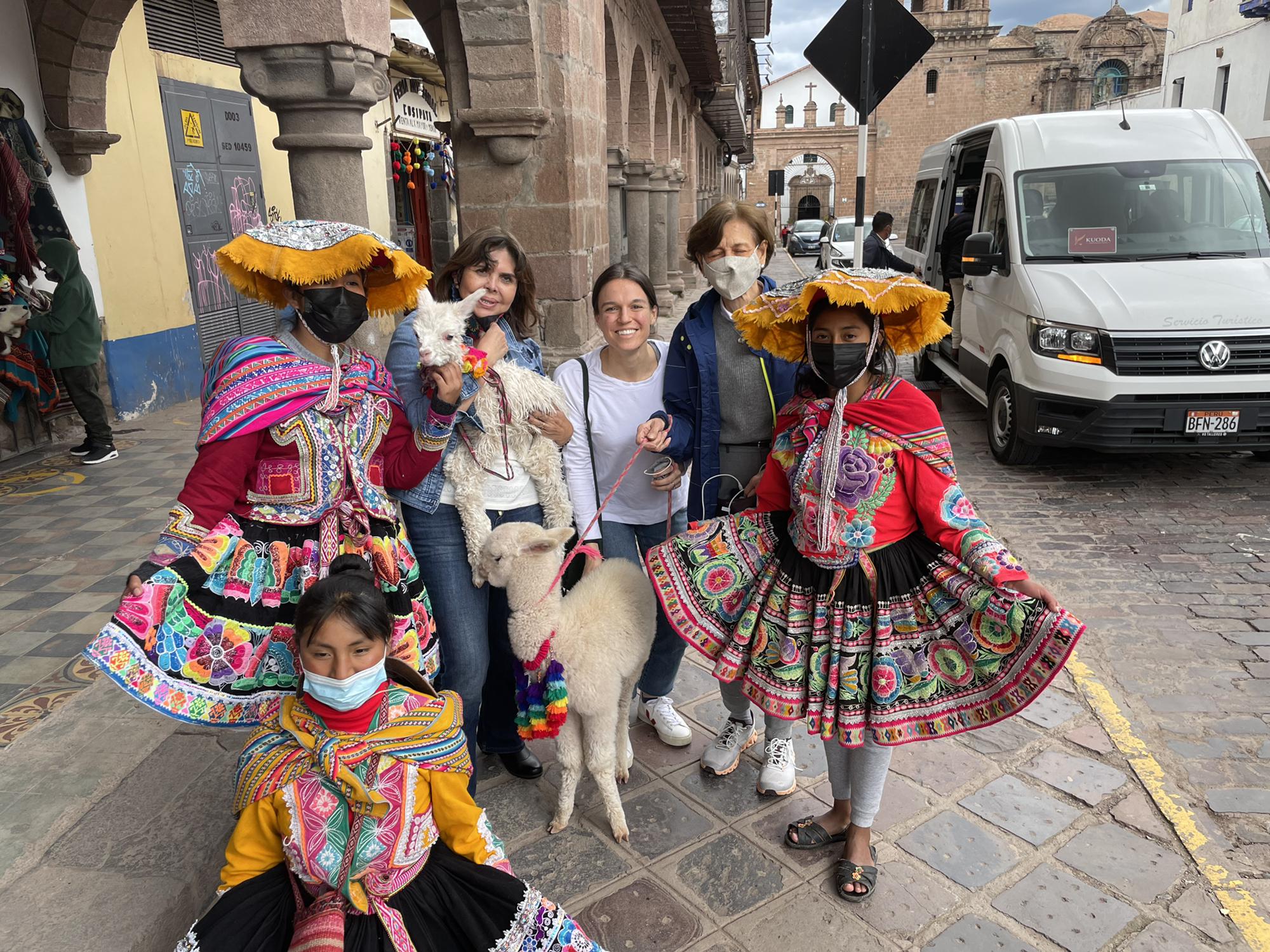 Llamas in Cusco City. Gigi (Pedro’s mom) to the left and Joan (Catherine’s mom) to the left