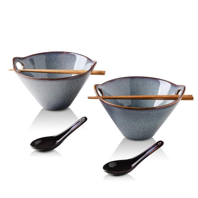 KOOV Porcelain Noodle Soup Bowls with Bamboo Chopsticks and Ceramic Spoons, 26 Ounce Bowls, Reactive Glaze Set of 2 (Reactive Brown)