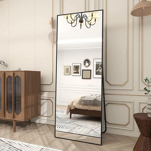 BEAUTYPEAK 64"x21" Mirror Full Length, Floor Mirror with Stand Hanging or Leaning Against Wall, Large Rectangle Full Body Mirror for Dressing with Aluminum Alloy Thin Frame, Black