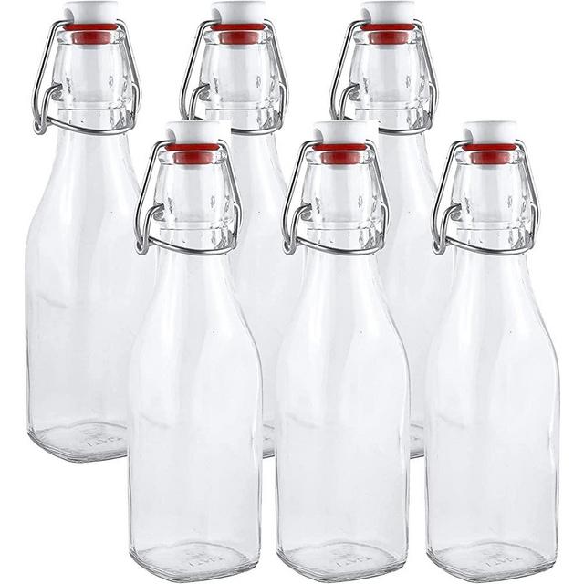 Estilo Easy Cap Glass Bottles, Square, 8.5 oz, Set of 6-Clear Swingtop Bottle, Standard
