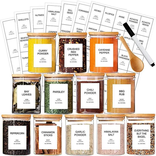 GPOVVIMX 12 Pcs Glass Spice Jars with Bamboo Airtight Lids and 191 Labels - 8.5oz Small Food Storage Containers for Kitchen, Seasoning, Coffee, Herb - Spoon and Marker Included