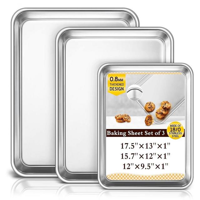 Baking Sheet Set of 3, Commercial Grade Stainless Steel Cookie Sheets for Baking, 12/16/17.5 Inch, Thicker and Firmer Baking Pans Set, Rust & Warp Resistant & Nonstick, Nontoxic&Heavy Duty&Easy Clean