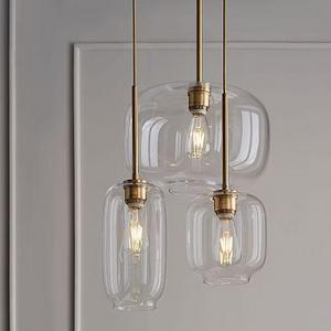 Sculptural Glass 3-Light Round Chandelier, S-M-L Pebble, Clear Shade, Brass Canopy