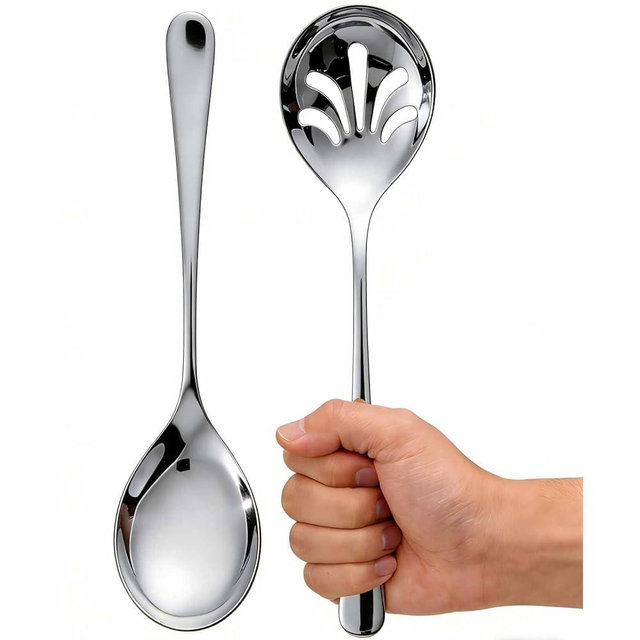 Extra Large Serving Spoons Set, 9.9 Inch Serving Spoon and Slotted Spoon, Stainless Steel Large Serving Utensils for Buffet, Parties, Catering & Kitchen (Silver)