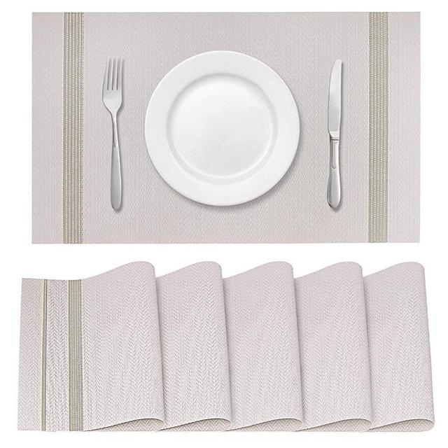 Placemats, Set of 6 Heat-Resistant Placemats, Placemats for Dining Table, Washable Table Mats, Kitchen Table mats, Durable PVC Table Mats Woven Vinyl Placemats(Light Grey)