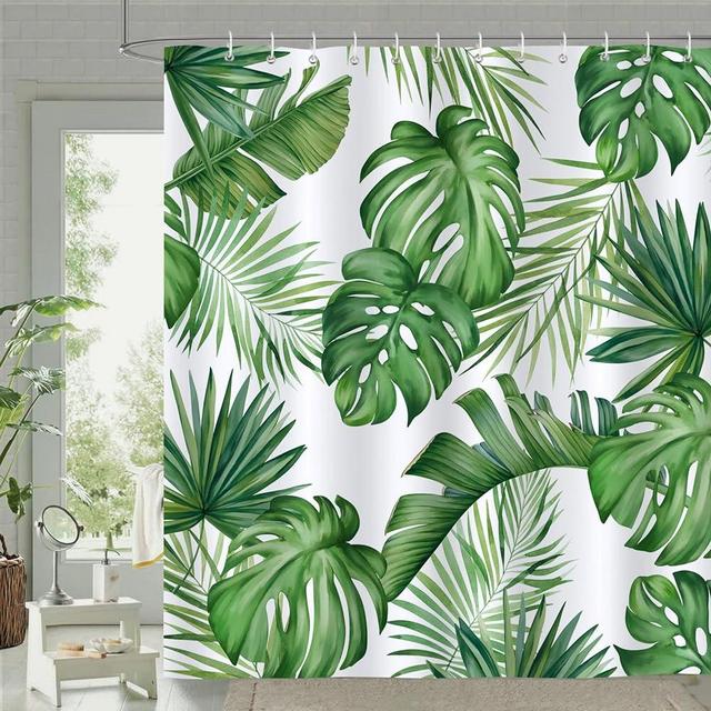 Bonhause Tropical Leaves Shower Curtain Green Palm Monstera Leaf Decorative Bath Curtain 72 x 72 Inch Polyester Fabric Waterproof Bathroom Curtain with 12 Hooks