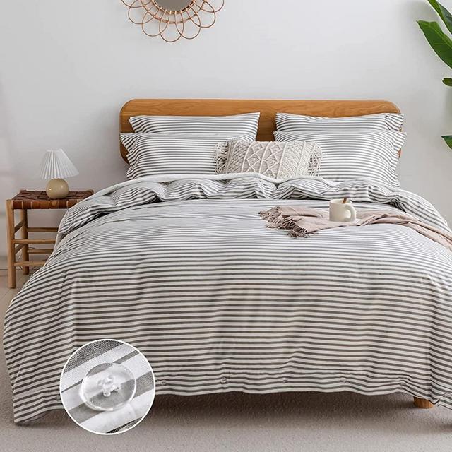 JELLYMONI Queen Duvet Cover Set- Cotton Duvet Cover 3 Pieces with Button Closure, 1 Duvet Cover and 2 Pillow Shams(Grey with White Striped)