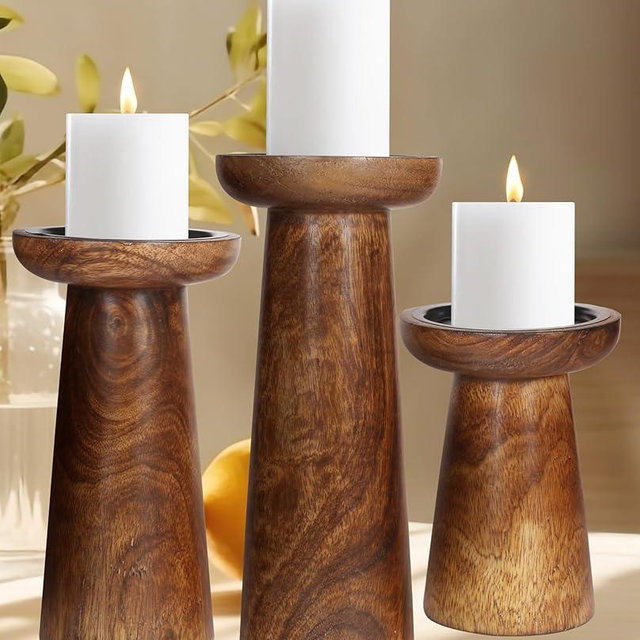Hand Crafted Wooden Pillar Candle Holders Set of 3, Ideal for LED and Pillar Candles, Gifts for Wedding, Christmas, Party, Home, Spa, Reiki, Aromatherapy, Votive Candle Gardens - 10, 8, 6 Inch - Burnt