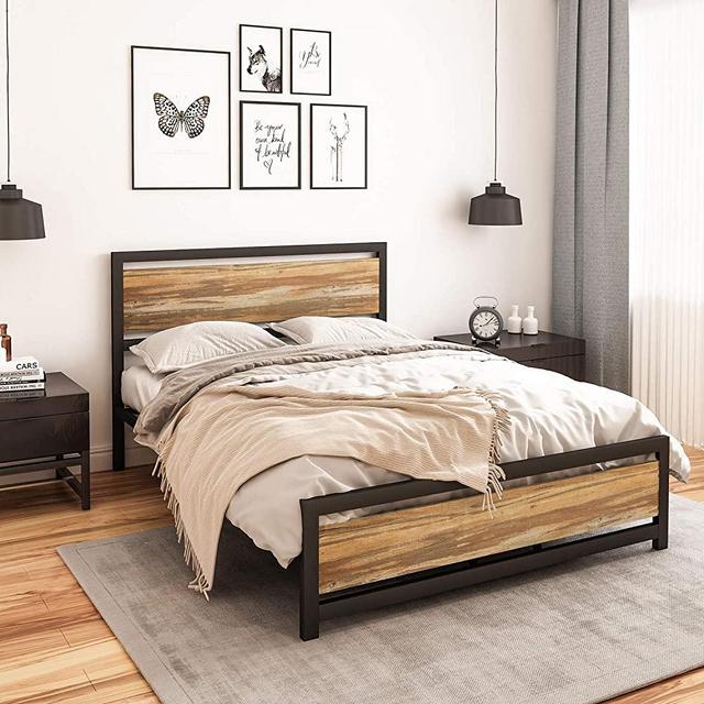ADORNEVE Queen Size Bed Frame with Headboard, Rustic Metal Bed Frame, Platform Bed Frame Premium Stable Steel Slat Support Under Bed Storage Space/Easy Assembly and No Box Spring Needed