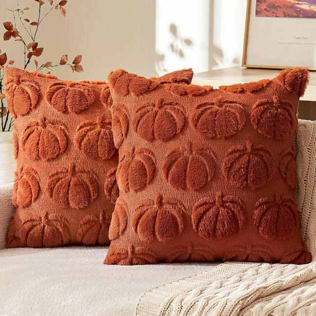 MIULEE Fall Throw Pillow Covers 18x18 Set of 2 Autumn Decorations Rust Pumpkin Accent Pillowcase for Sofa Couch Porch Bed Living Room Soft Plush Faux Fur Halloween Farmhouse Home Decor
