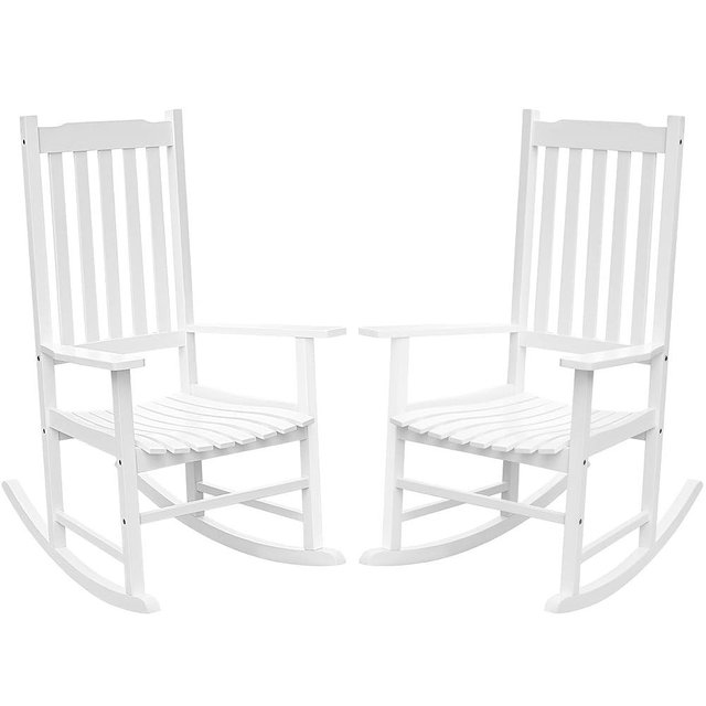 Flamaker Acacia Wood Patio Rocking Chair Set of 2, High Back and Widen Armrest for Adults, Solid Wood Porch Rocking Chair for Lawn, Garden, Backyard (White)