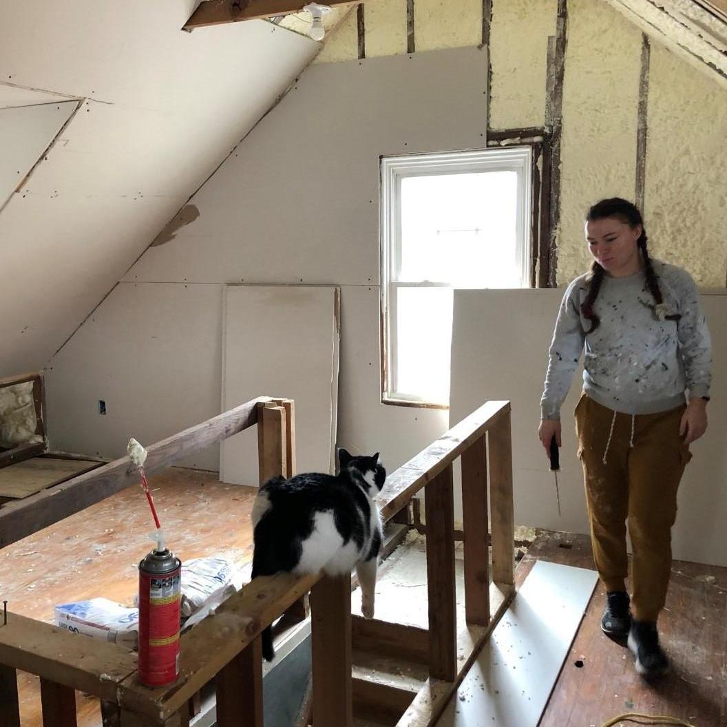February 19, 2021: Ozi observing the hanging of sheetrock upstairs. All looks good. -Kingsport, TN