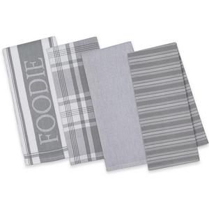 Design Imports 4-Piece Gourmet Patterned Kitchen Towel Set in Grey