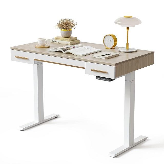 FEZIBO 55 x 26 Inches Ergonomic Mid Century Modern Electric Standing Desk with 3 Drawers, Whole Piece Sit Stand Up Home Office Desk, White Top with White Frame (2 Packages)