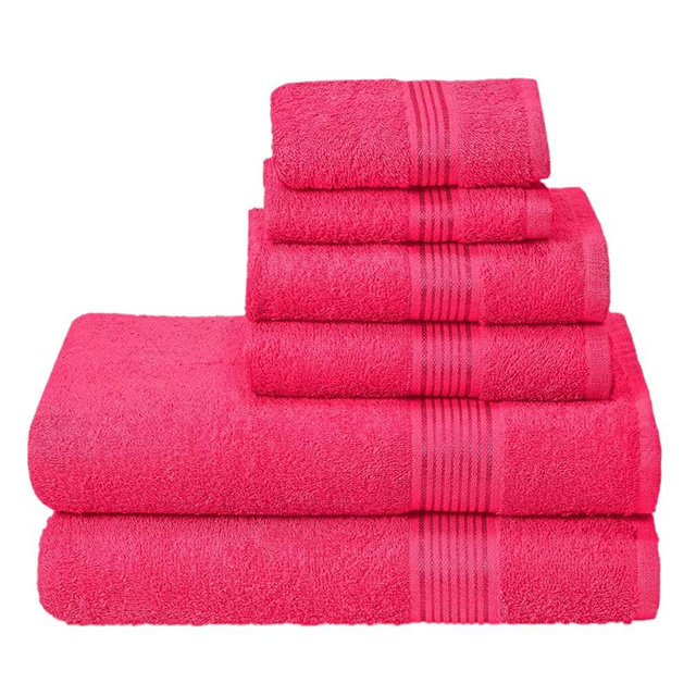 Elvana Home Ultra Soft 6 Pack Cotton Towel Set, Contains 2 Bath Towels 28x55 inch, 2 Hand Towels 16x24 inch & 2 Wash Coths 12x12 inch, Ideal Everyday use, Compact & Lightweight - Hot Pink