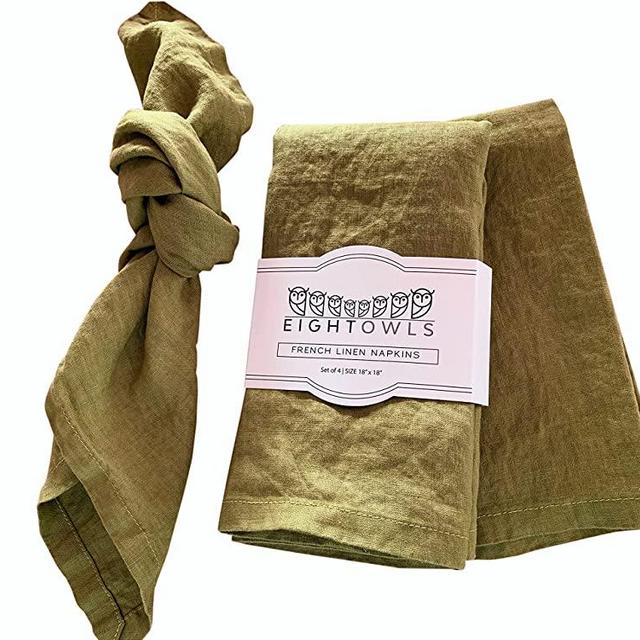 Linen Napkins –100% French Flax – Stonewashed Pure Linen Cloth Napkins - Size 18 Inch x 18 Inch – Set of 4 (Olive Green)