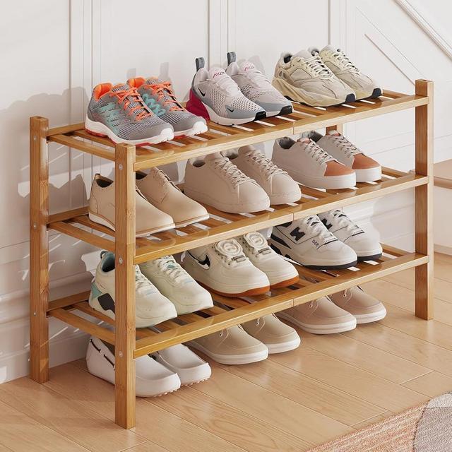 Bamboo Shoe Rack Organizer for Closet and Entryway - Space-Saving Shoe Stand with Narrow Design - Versatile Shoe Holder for Door or Closet Shelf,Garage Bedroom can Freely Stack DIY Small Shoe Racks