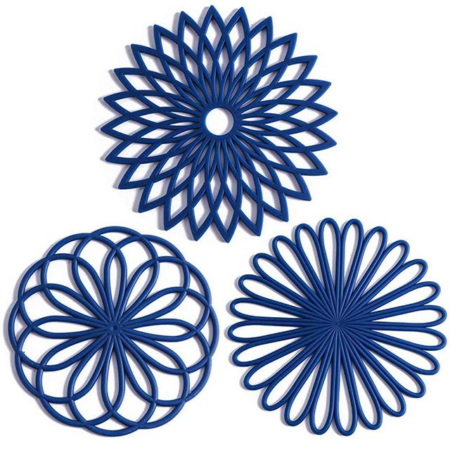 Set of 3 Silicone Trivet Mat - Hot Pot Holder Hot Pads for Table & Countertop - Trivet for Hot Dishes - Non-Slip & Heat Resistant Modern Kitchen Hot Pads for Pots & Pans, Navy Blue
