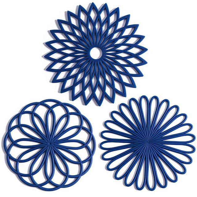 Set of 3 Silicone Trivet Mat - Hot Pot Holder Hot Pads for Table & Countertop - Trivet for Hot Dishes - Non-Slip & Heat Resistant Modern Kitchen Hot Pads for Pots & Pans, Navy Blue