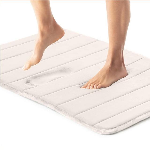 Gorilla Grip Memory Foam Bath Rug, Thick Soft Striped Bathroom Mat, Absorbent Decorative Mats, Machine Washable, Durable Backing, Luxurious Comfortable Rugs for Shower and Tub Floor, 24x17, Cream