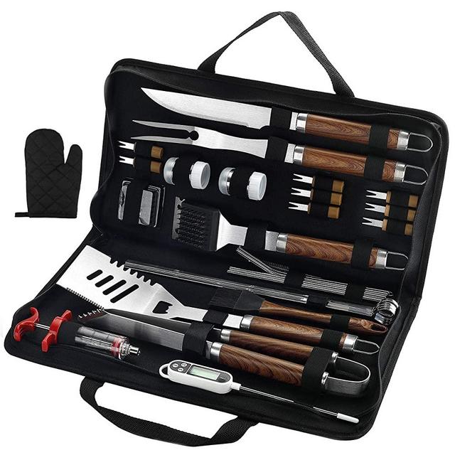 grilljoy 30PCS BBQ Grill Tools Set with Thermometer and Meat Injector. Extra Thick Stainless Steel Fork, Tongs& Spatula - Complete Grilling Accessories in Portable Bag - Perfect Grill Set Gift.