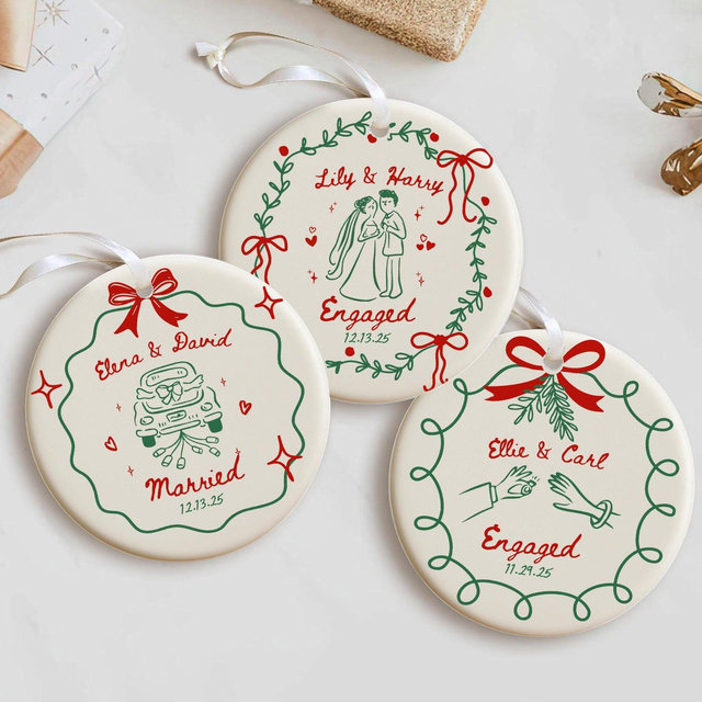 2 Sided Ceramic Ornament, Our First Christmas Engaged, Personalized Engagement Gift for Couples, Wedding Gift Newlyweds, Whimsical Married